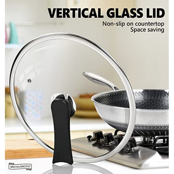 뚜껑이 있는 MICHELANGELO 웍 팬, 거미 여과기 및 스팀 랙이 있는 12인치 스테인레스 스틸 웍, 벌집 및 볶음 팬 플랫 바닥 웍 인덕션 호환, 식기세척기 및 오븐 안전