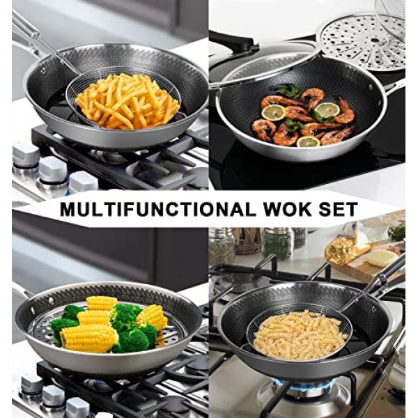 뚜껑이 있는 MICHELANGELO 웍 팬, 거미 여과기 및 스팀 랙이 있는 12인치 스테인레스 스틸 웍, 벌집 및 볶음 팬 플랫 바닥 웍 인덕션 호환, 식기세척기 및 오븐 안전