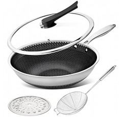 뚜껑이 있는 MICHELANGELO 웍 팬, 거미 여과기 및 스팀 랙이 있는 12인치 스테인레스 스틸 웍, 벌집 및 볶음 팬 플랫 바닥 웍 인덕션 호환, 식기세척기 및 오븐 안전