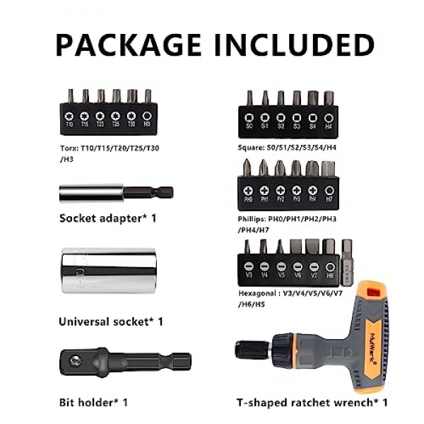 MulWark 30PC 남성용 슈퍼 범용 소켓 도구 선물 - Torx/사각형/일자형/필립스/육각형 스크루드라이버 비트가 포함된 자기 래칫 스크루드라이버 - 전원 드릴 어댑터가 있는 