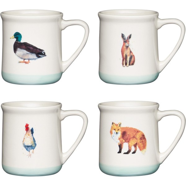 KitchenCraft Apple Farm 손으로 마감한 스톤웨어 프린트 동물 머그, 350ml(12.5fl oz) - 크림/세이지 그린(4개 세트) 4개(1개 팩) 멀티컬러