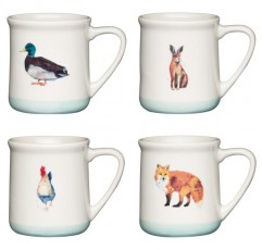 KitchenCraft Apple Farm 손으로 마감한 스톤웨어 프린트 동물 머그, 350ml(12.5fl oz) - 크림/세이지 그린(4개 세트) 4개(1개 팩) 멀티컬러