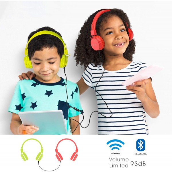 Termichy Bluetooth 헤드폰 어린이용 93dB 음량 제한, 접을 수 있는 휴대용 경량 헤드폰 오디오 케이블이 있는 무선 온이어 무선 헤드폰 음악 Shareport, 내장 마이크(빨간색) RED