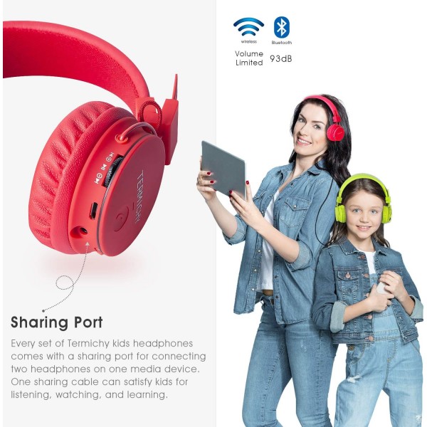 Termichy Bluetooth 헤드폰 어린이용 93dB 음량 제한, 접을 수 있는 휴대용 경량 헤드폰 오디오 케이블이 있는 무선 온이어 무선 헤드폰 음악 Shareport, 내장 마이크(빨간색) RED