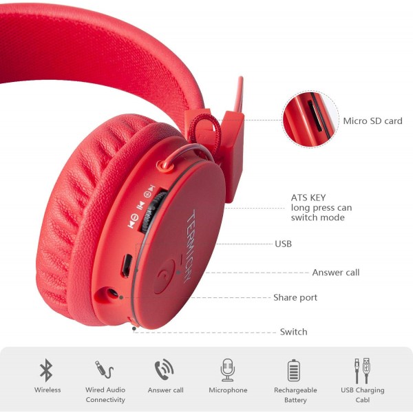 Termichy Bluetooth 헤드폰 어린이용 93dB 음량 제한, 접을 수 있는 휴대용 경량 헤드폰 오디오 케이블이 있는 무선 온이어 무선 헤드폰 음악 Shareport, 내장 마이크(빨간색) RED