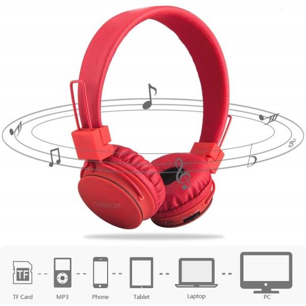 Termichy Bluetooth 헤드폰 어린이용 93dB 음량 제한, 접을 수 있는 휴대용 경량 헤드폰 오디오 케이블이 있는 무선 온이어 무선 헤드폰 음악 Shareport, 내장 마이크(빨간색) RED