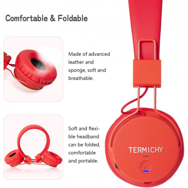 Termichy Bluetooth 헤드폰 어린이용 93dB 음량 제한, 접을 수 있는 휴대용 경량 헤드폰 오디오 케이블이 있는 무선 온이어 무선 헤드폰 음악 Shareport, 내장 마이크(빨간색) RED