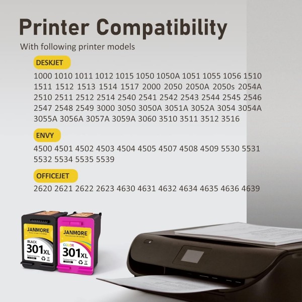 HP 301XL, 검정 및 컬러 콤보 팩용 JANMORE 재생 잉크 카트리지 교체, HP Envy 4520 4512 4516 사용 오피스젯 5252 3830 3833 4655 5255; 데스크젯 1112 2130 3630 3634 프린터