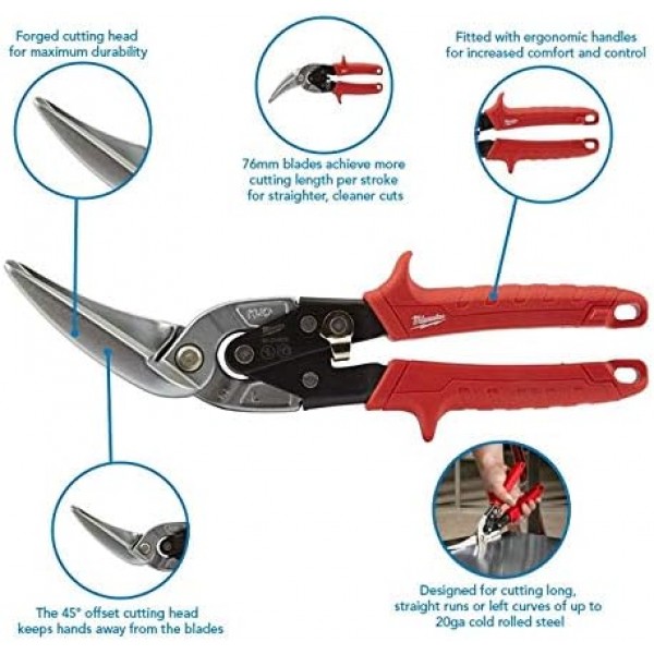 Milwaukee MHT48224538 Offset Metal Aviation Snips Left Extra Long 스트레이트 컷