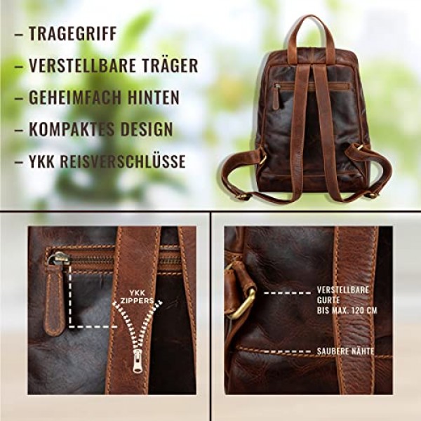 Corno d'Oro BP818 프리미엄 백팩 여성용 가죽 우아한 I 수제 가죽 백팩 14 인치 노트북 용 빈티지 노트북 백팩 I 백팩 데이 팟 브라운, 브라운, m