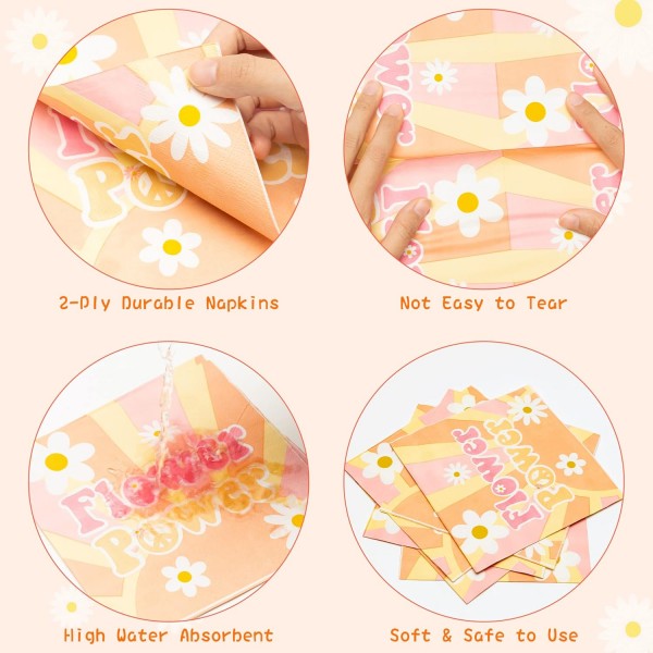 AIDIEE 2 플라이 그루비 냅킨 Dasiy 일회용 종이 냅킨 핑크 오렌지 칵테일 음료 오찬 게스트 냅킨 레트로 파티 식기 파티 장식 생일 피크닉 캠핑 저녁 식사, 50 pcs