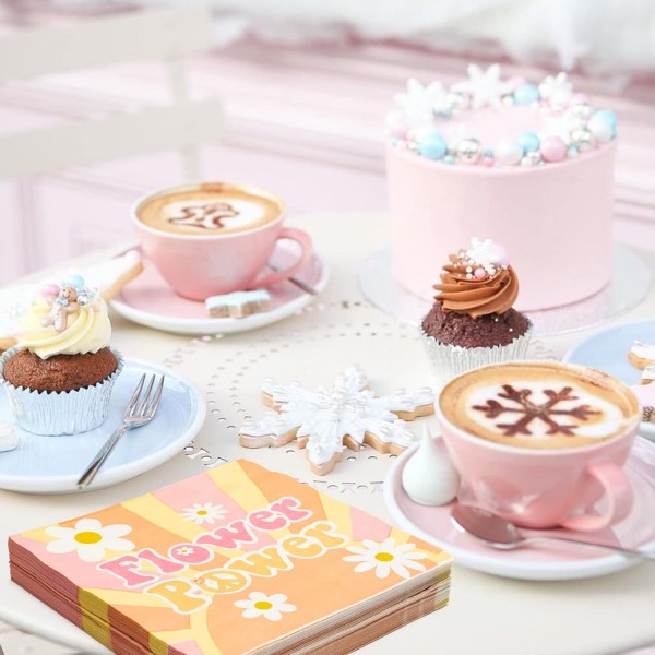 AIDIEE 2 플라이 그루비 냅킨 Dasiy 일회용 종이 냅킨 핑크 오렌지 칵테일 음료 오찬 게스트 냅킨 레트로 파티 식기 파티 장식 생일 피크닉 캠핑 저녁 식사, 50 pcs