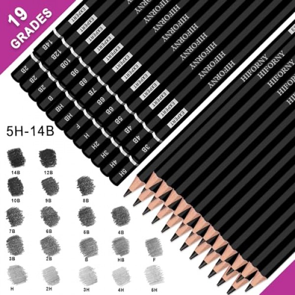 HIFORNY 24피스 흑연 스케치 연필 세트 - 흑연 연필(14B - 5H), 스케치 연필, 드로잉 연필, 제도 연필, 19등급 아트 연필 - 초보자 및 예술가에게 이상적