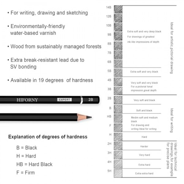 HIFORNY 24피스 흑연 스케치 연필 세트 - 흑연 연필(14B - 5H), 스케치 연필, 드로잉 연필, 제도 연필, 19등급 아트 연필 - 초보자 및 예술가에게 이상적
