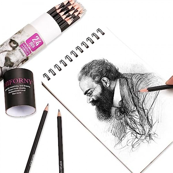 HIFORNY 24피스 흑연 스케치 연필 세트 - 흑연 연필(14B - 5H), 스케치 연필, 드로잉 연필, 제도 연필, 19등급 아트 연필 - 초보자 및 예술가에게 이상적