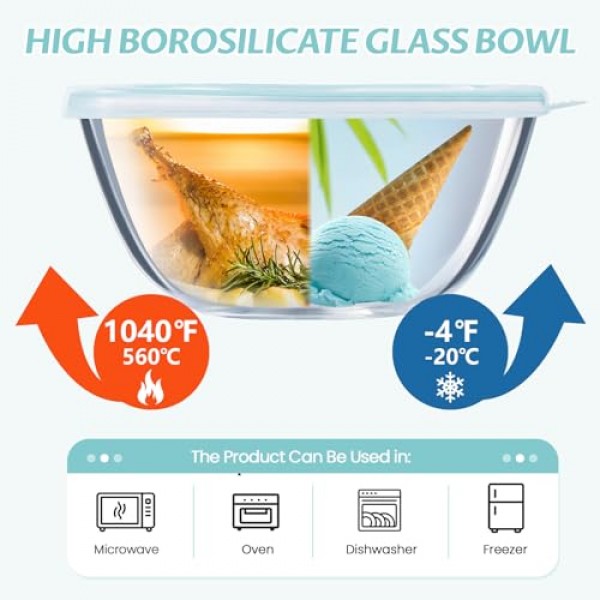 Luvan 유리 믹싱 그릇 뚜껑 세트(4.5QT,2.7QT,1.1QT), 3PC 대형 유리 믹싱 그릇 세트, 유리 중첩 그릇, 주방용 투명 샐러드 믹싱 그릇, 보관, 요리, 베이킹, 준비, 식기 세척기 안