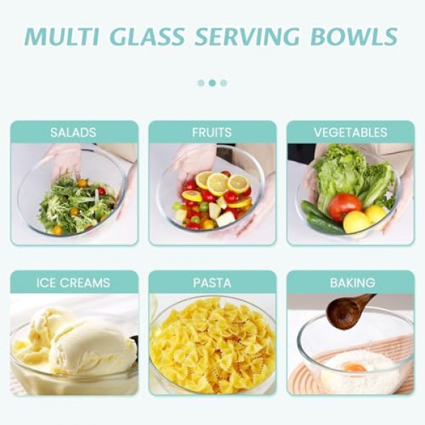 Luvan 유리 믹싱 그릇 뚜껑 세트(4.5QT,2.7QT,1.1QT), 3PC 대형 유리 믹싱 그릇 세트, 유리 중첩 그릇, 주방용 투명 샐러드 믹싱 그릇, 보관, 요리, 베이킹, 준비, 식기 세척기 안