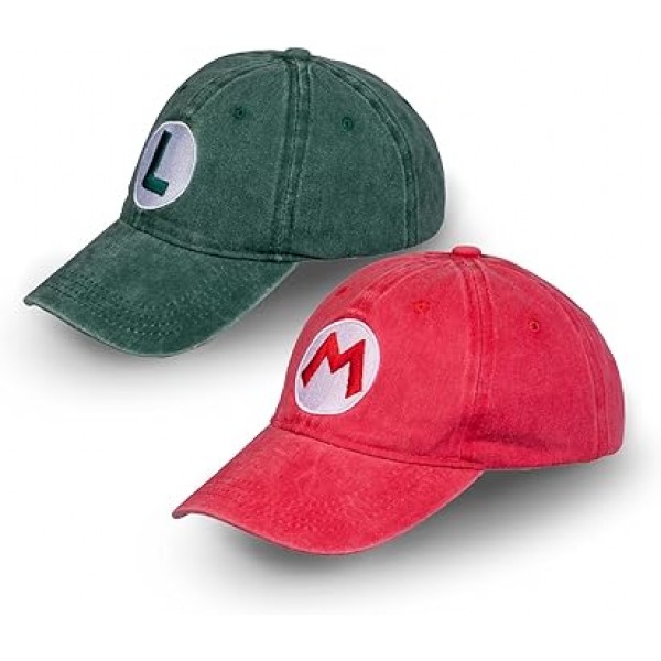 Avafierce 2PCS Bros Hats 애니메이션 야구 모자 성인용 Coplay 모자 어린이 데님 -페이드 빈티지 워시 스타일, 자수(녹색 빨간색 모자)