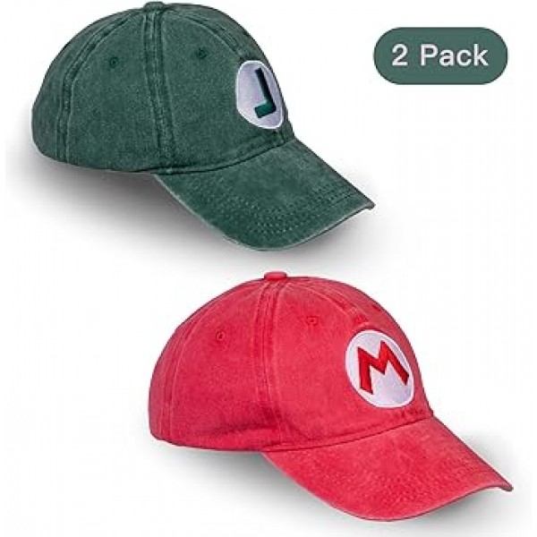 Avafierce 2PCS Bros Hats 애니메이션 야구 모자 성인용 Coplay 모자 어린이 데님 -페이드 빈티지 워시 스타일, 자수(녹색 빨간색 모자)