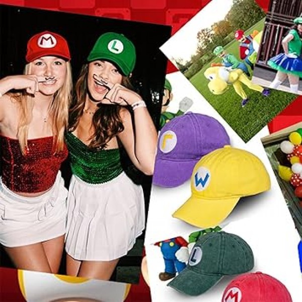 Avafierce 2PCS Bros Hats 애니메이션 야구 모자 성인용 Coplay 모자 어린이 데님 -페이드 빈티지 워시 스타일, 자수(녹색 빨간색 모자)