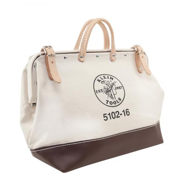 Klein Tools 5102-16 튼튼한 천연 캔버스 도구 가방, 도구 토트, 넓은 경첩 입구와 가죽 손잡이가 있는 다용도 가방, 16인치