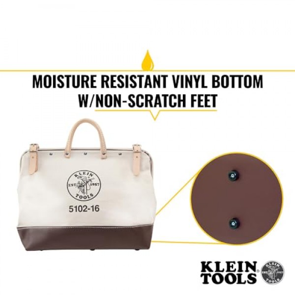 Klein Tools 5102-16 튼튼한 천연 캔버스 도구 가방, 도구 토트, 넓은 경첩 입구와 가죽 손잡이가 있는 다용도 가방, 16인치