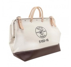 Klein Tools 5102-16 튼튼한 천연 캔버스 도구 가방, 도구 토트, 넓은 경첩 입구와 가죽 손잡이가 있는 다용도 가방, 16인치