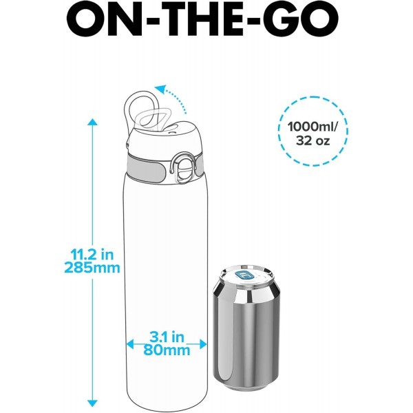 Ion8 누출 방지 1리터 스포츠 물병, BPA 프리, 1000ml(32oz) OneTouch 2.0 Aqua 2.0