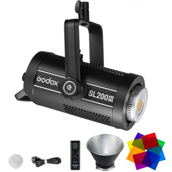 Godox SL200III 일광 LED 비디오 조명, 200W 95600Lux @1M CRI 96+TLCI 97+ Bowens Mount LED 연속 조명, 8가지 FX 효과 및 무음 모드 및 RC-A6 리모컨이 포함된 전문 ​​스튜디오 조명