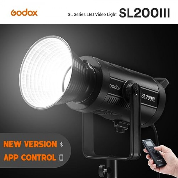 Godox SL200III 일광 LED 비디오 조명, 200W 95600Lux @1M CRI 96+TLCI 97+ Bowens Mount LED 연속 조명, 8가지 FX 효과 및 무음 모드 및 RC-A6 리모컨이 포함된 전문 ​​스튜디오 조명