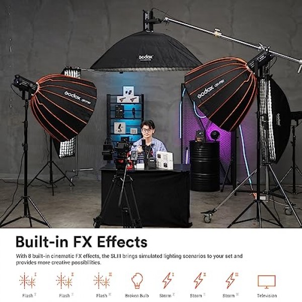 Godox SL200III 일광 LED 비디오 조명, 200W 95600Lux @1M CRI 96+TLCI 97+ Bowens Mount LED 연속 조명, 8가지 FX 효과 및 무음 모드 및 RC-A6 리모컨이 포함된 전문 ​​스튜디오 조명