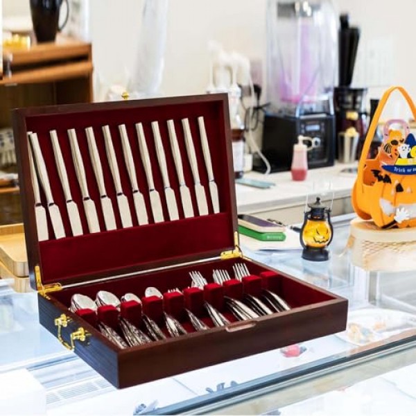 GENRICE 은제품이 없는 나무 은제품 상자, 은제품을 위한 은제품 상자 보관함, 손잡이와 펠트 안감이 있는 은제품 케이스, 식기 12세트를 위한 식기류 상자