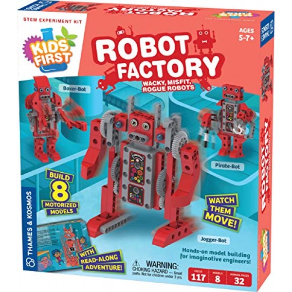 Thames & Kosmos Kids First Robot Factory: Wacky, Misfit, Rogue 로봇 STEM 실험 키트 | 젊은 엔지니어를 위한 실습 모형 제작 | 전동 로봇 8대 만들기 | 스토리북 매뉴얼로 놀면서 배우기