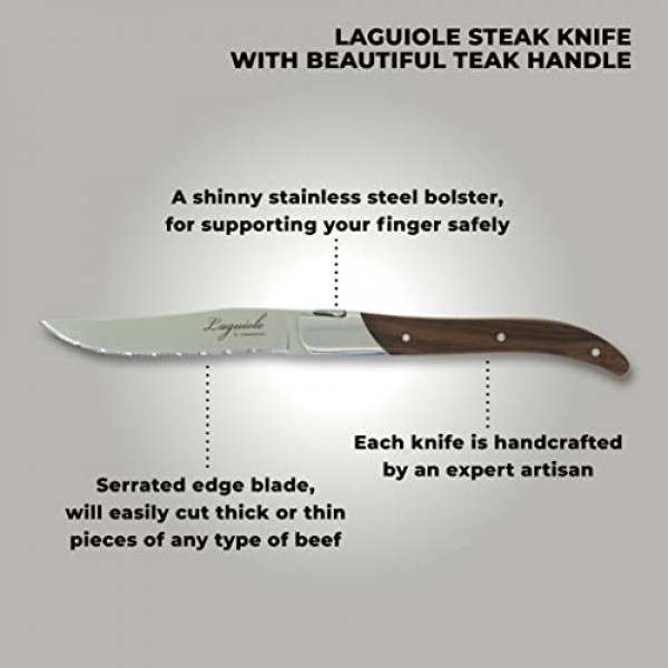 TopKnife Laguiole 스테이크 나이프 세트 - 톱니 모양의 칼날 - 티크 손잡이 - 4개 세트