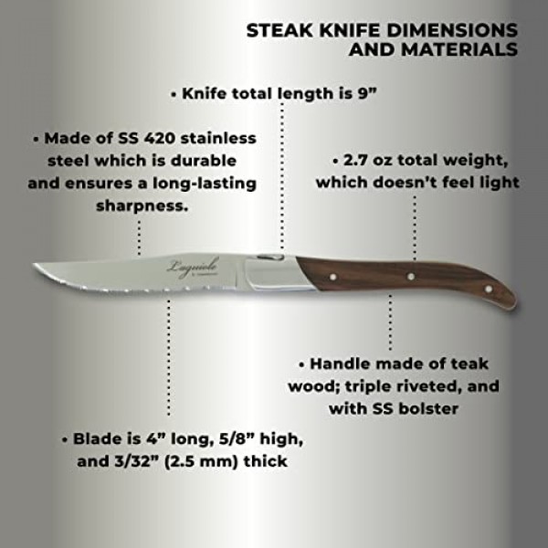 TopKnife Laguiole 스테이크 나이프 세트 - 톱니 모양의 칼날 - 티크 손잡이 - 4개 세트