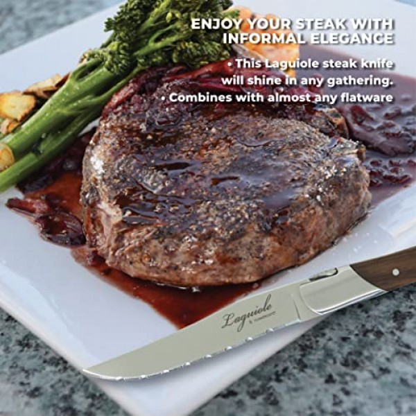 TopKnife Laguiole 스테이크 나이프 세트 - 톱니 모양의 칼날 - 티크 손잡이 - 4개 세트
