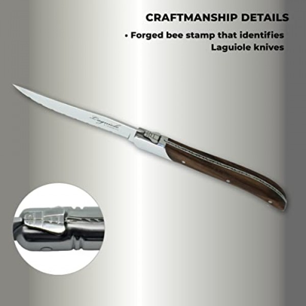 TopKnife Laguiole 스테이크 나이프 세트 - 톱니 모양의 칼날 - 티크 손잡이 - 4개 세트