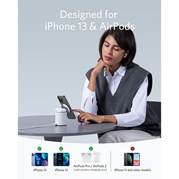 Anker 자기 무선 충전기, 20W USB-C 충전기가 포함된 623 MagGo 2-in-1 충전 스테이션, iPhone 14/14 Pro/14 Pro Max/13/13 Pro Max, AirPods Pro(돌로마이트 화이트)용