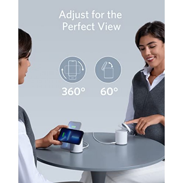 Anker 자기 무선 충전기, 20W USB-C 충전기가 포함된 623 MagGo 2-in-1 충전 스테이션, iPhone 14/14 Pro/14 Pro Max/13/13 Pro Max, AirPods Pro(돌로마이트 화이트)용