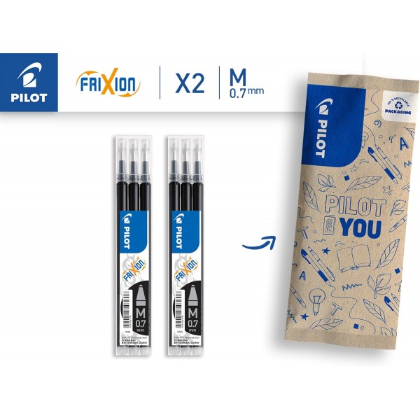 PILOT FriXion 리필 0.7 - 6개 팩 - 컬러 블랙 - 지울 수 있는 잉크가 포함된 FriXion 리필 - FriXion Ball 및 FriXion Clicker 0.7과 호환 가능 - 중간 강도 - 젤 롤러볼 리필