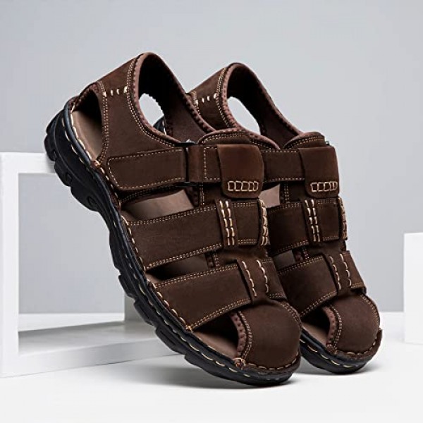 Jousen 남성용 샌들 아치 지원 캐주얼 정품 가죽 여름 야외 해변 어부 샌들 남성용