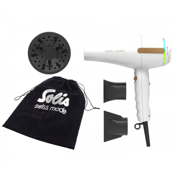 솔리스 스위스 럭셔리 3800 헤어 드라이어 화이트, 전문가용 헤어드라이어, 스위스 품질, 이온 기능, 11단계 속도 설정, 3가지 온열 기능 및 냉풍 설정 스위스 럭셔리 화