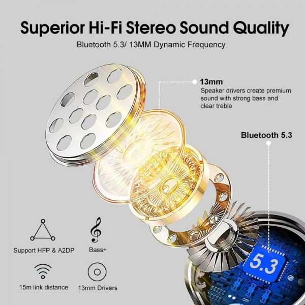 OYIB Bluetooth 5.3 헤드폰, 4개의 ENC 마이크로 무선 Bluetooth 헤드폰, 2023 새로운 몰입형 HiFi Bluetooth 헤드폰, LED 디스플레이가 있는 터치 컨트롤 이어폰, 25H, IPX7 방수 이어버