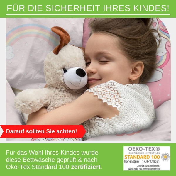 Aminata BALANCE 어린이 침대 린넨 135x200 비버 유니콘 면 어린이 여아 - 유니콘 모티브 - YKK 지퍼가 있는 플란넬 침대 린넨 세트 - 핑크 - 부드럽고 포근함