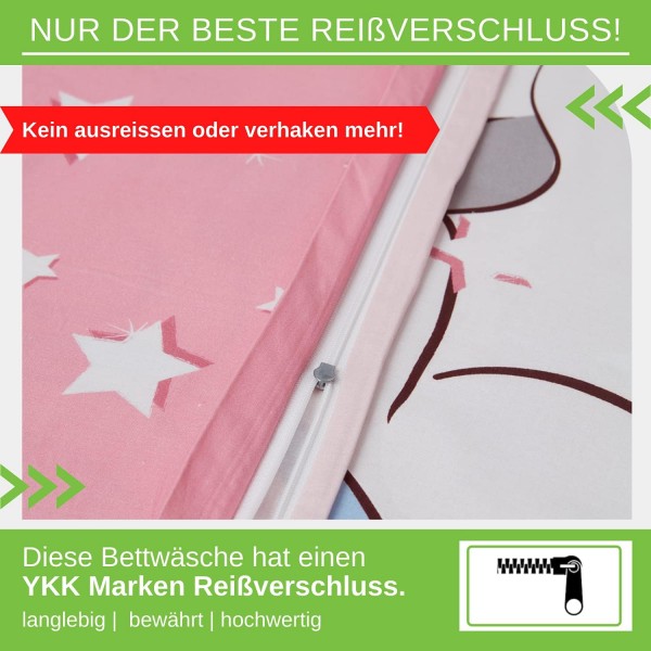 Aminata BALANCE 어린이 침대 린넨 135x200 비버 유니콘 면 어린이 여아 - 유니콘 모티브 - YKK 지퍼가 있는 플란넬 침대 린넨 세트 - 핑크 - 부드럽고 포근함