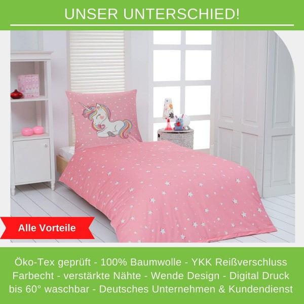 Aminata BALANCE 어린이 침대 린넨 135x200 비버 유니콘 면 어린이 여아 - 유니콘 모티브 - YKK 지퍼가 있는 플란넬 침대 린넨 세트 - 핑크 - 부드럽고 포근함