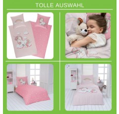 Aminata BALANCE 어린이 침대 린넨 135x200 비버 유니콘 면 어린이 여아 - 유니콘 모티브 - YKK 지퍼가 있는 플란넬 침대 린넨 세트 - 핑크 - 부드럽고 포근함