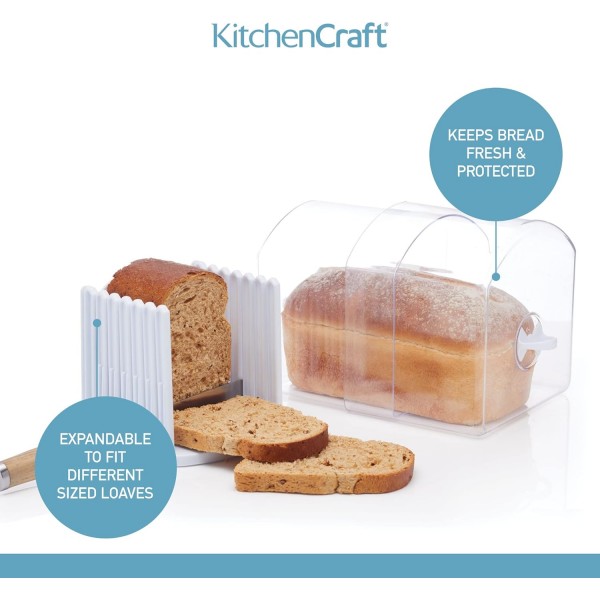 KitchenCraft Stay 신선한 빵통, 빵 슬라이서 가이드가 있는 대형 빵통, 선물 상자, 대형, 플라스틱 L 싱글