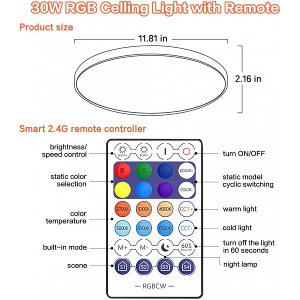Mostop 스마트 LED 천장 조명, 원격, 앱 또는 음성 제어 기능이 있는 30W 2200LM RGB 천장 조명, 침실 복도 파티를 위한 조광 가능한 천장 조명(2.4GHz WiFi, RGB 2700K - 6500K)