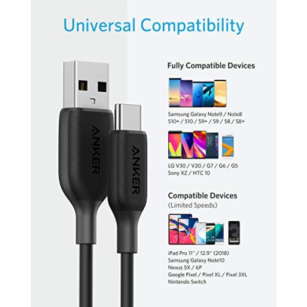 USB 타입 C 케이블, Anker Powerline III USB-A - USB-C 고속 충전 코드(10피트), Samsung Galaxy S10 S9 Plus S8 Plus, LG V20 G7 G6 G5, Sony XZ 등과 호환 가능